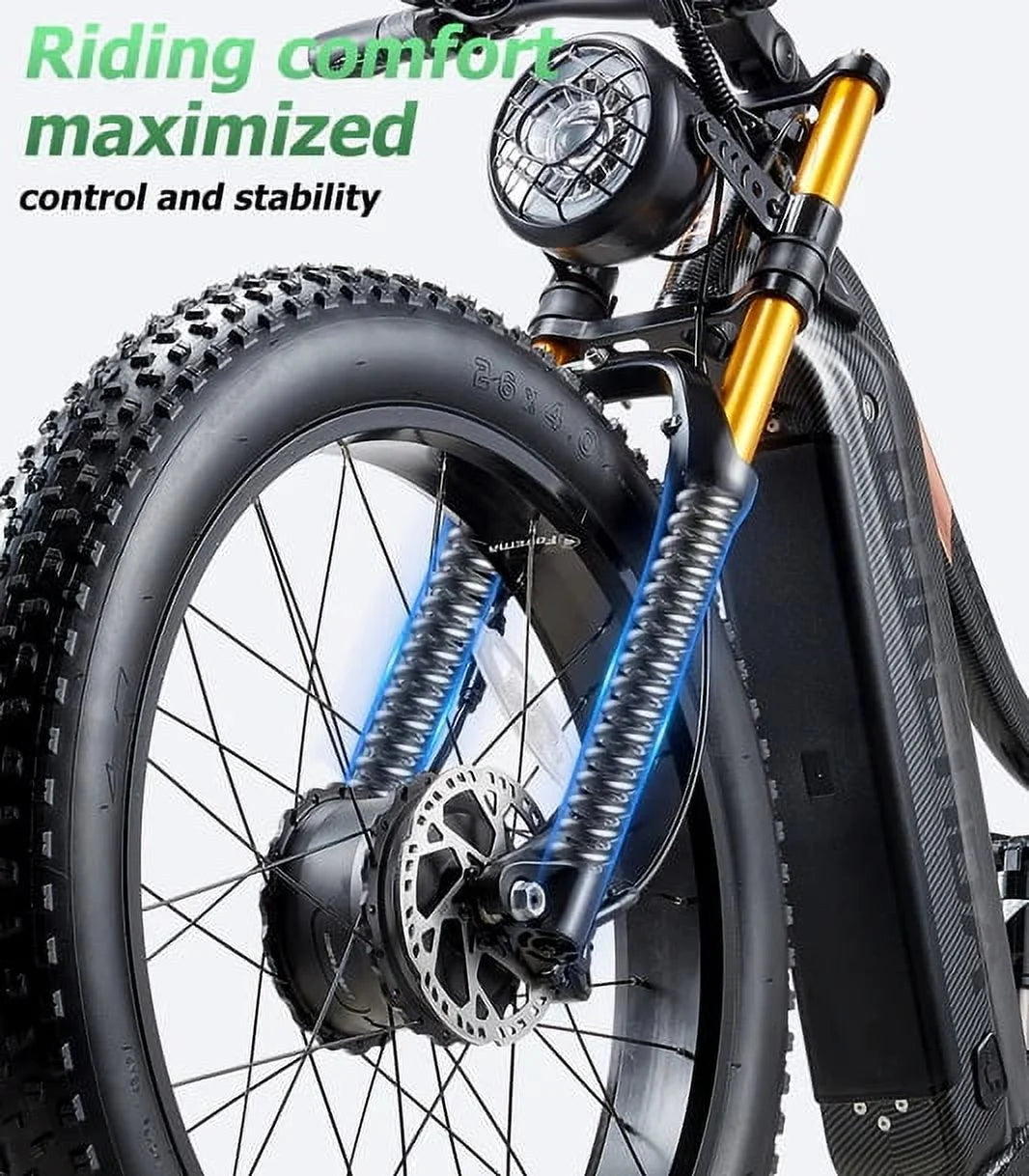 Dual Motors AWD 2000W Electric Bike for Adult 26'', UL2849 48V 60AH Removable Battery E-mountain bike 4'' Fat Tire up to 35MPH&200Miles Long Range Off Road Ebike Beach Dual Hydraulic&Brakes E-Bicycle