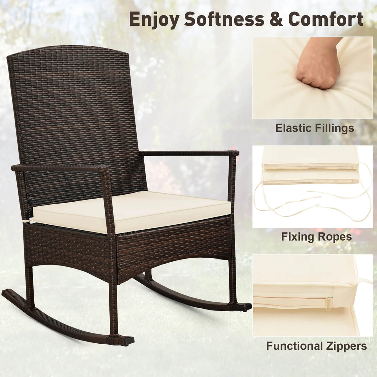 Costway Serenity Ensemble de patio 3 pièces avec fauteuils à bascule en résine tressée, coussins blancs et table basse à 2 niveaux