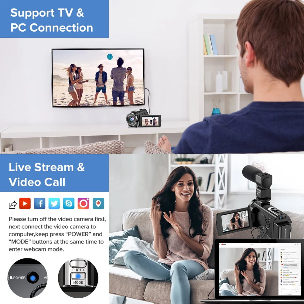 Caméra Vidéo Caméscope Caméra de Vlogging YouTube FHD 1080P 30FPS 24MP Zoom Numérique 16X Écran LCD 3 Rotatif 270 Degrés Appareil Photo Numérique Enregistreur avec Microphone,Télécommande,2 Batteries