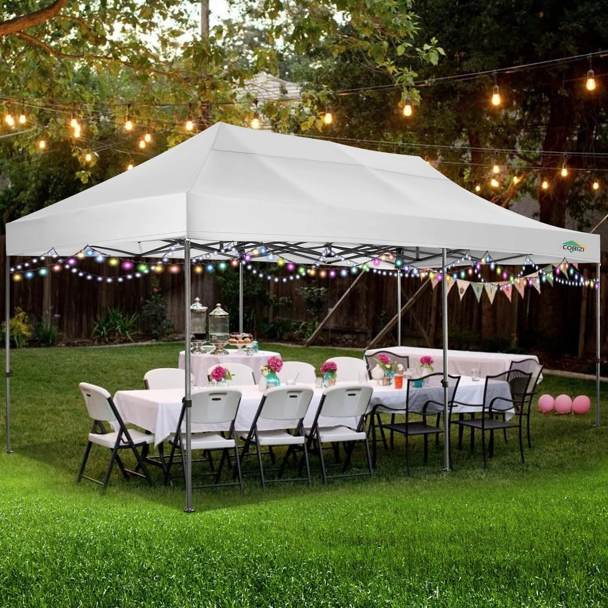COBIZI 10'x20' Chapiteau Tente Pop-up Facile Anti-UV Imperméable Tente d'extérieur Abri instantané pour fêtes et mariages Tente-pavillon toutes saisons avec 6 parois latérales amovibles, 4 sacs de sable, sac de transport à roulettes, Blanc