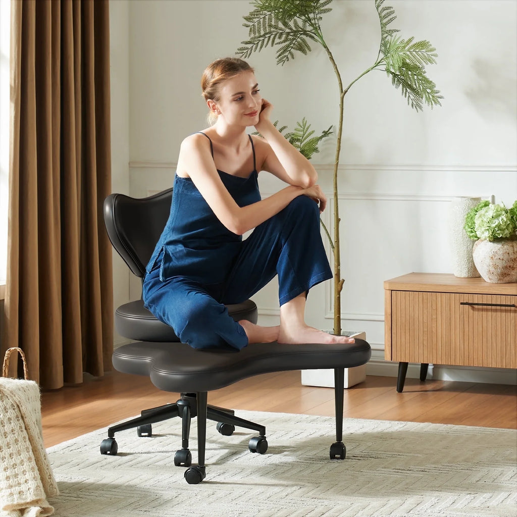 Chaise ergonomique pivotante pour position en tailleur Pinmoco, hauteur réglable et tissu bouclette, chaise de méditation et pour TDAH avec soutien dorsal, pour la maison et le bureau, blanc cassé