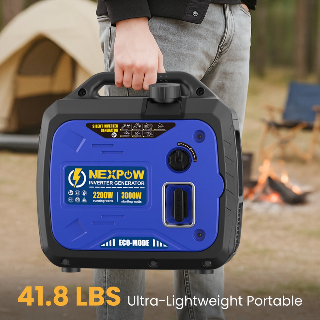 Génératrice portable avec onduleur NEXPOW 3000 W, légère et à essence, pour alimentation de secours à la maison et au camping, mode éco, couplage en parallèle, protection contre les surcharges