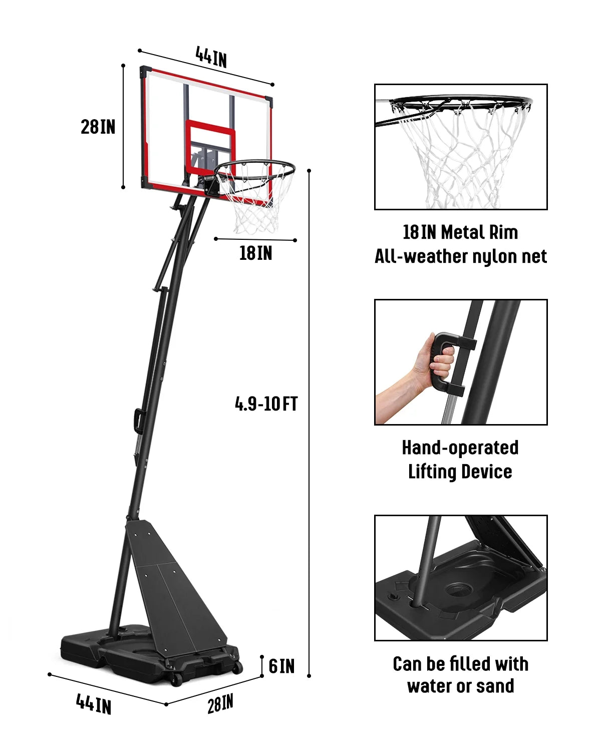 Panier de basketball Seray réglable en hauteur de 4,8 à 10 pieds pour enfants/adultes, panier de basketball portable avec panneau de 44 pouces et 2 roues pour sports en extérieur/intérieur
