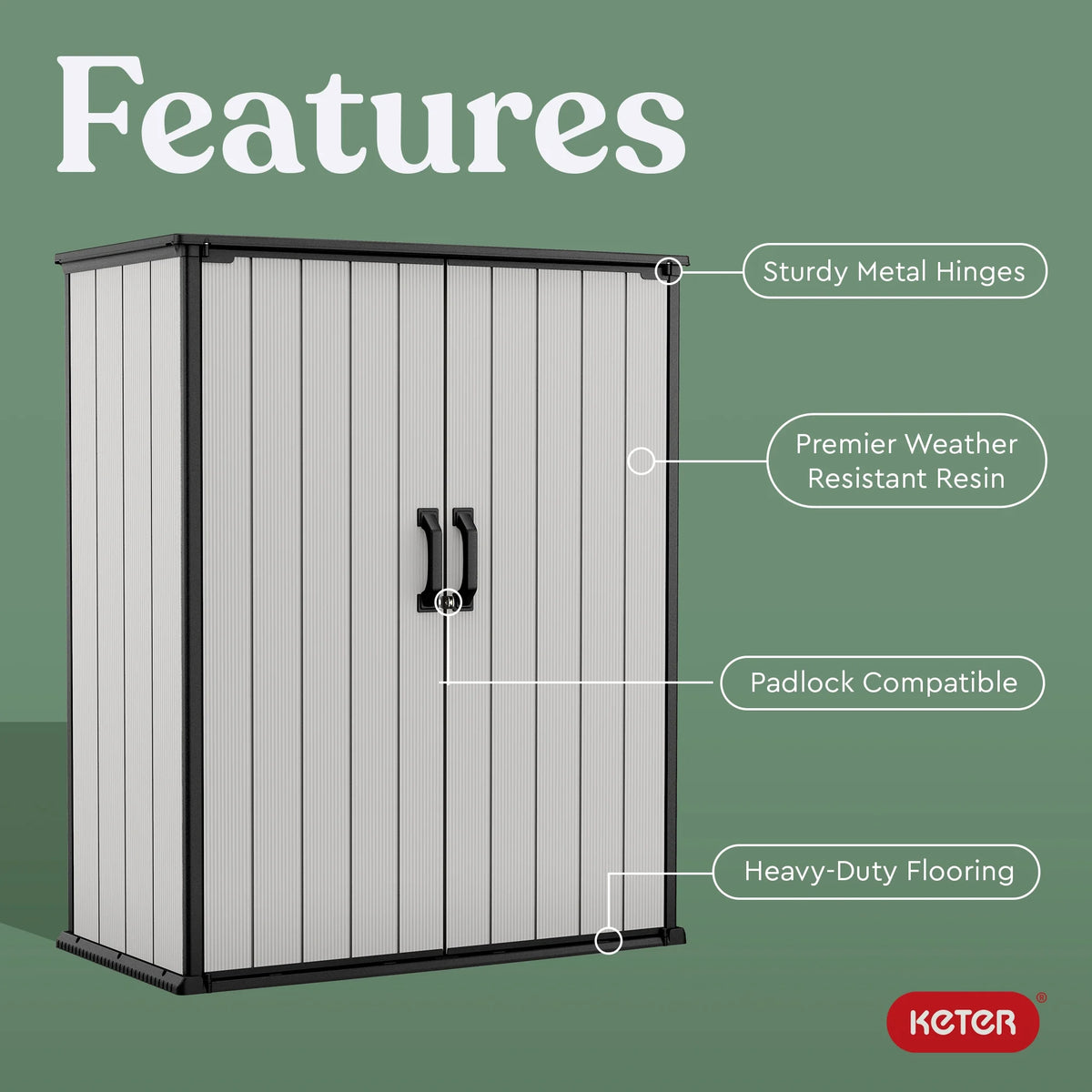 Keter Premier Abri de rangement vertical haut et robuste en résine pour l'extérieur, avec plancher et portes doubles verrouillables, Gris