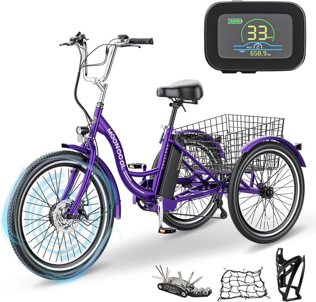 Tricycles électriques ABORON 24 26, batterie au lithium 36 V 10 Ah 350 W, triporteur électrique 7 vitesses pour adultes avec grand panier arrière et siège réglable