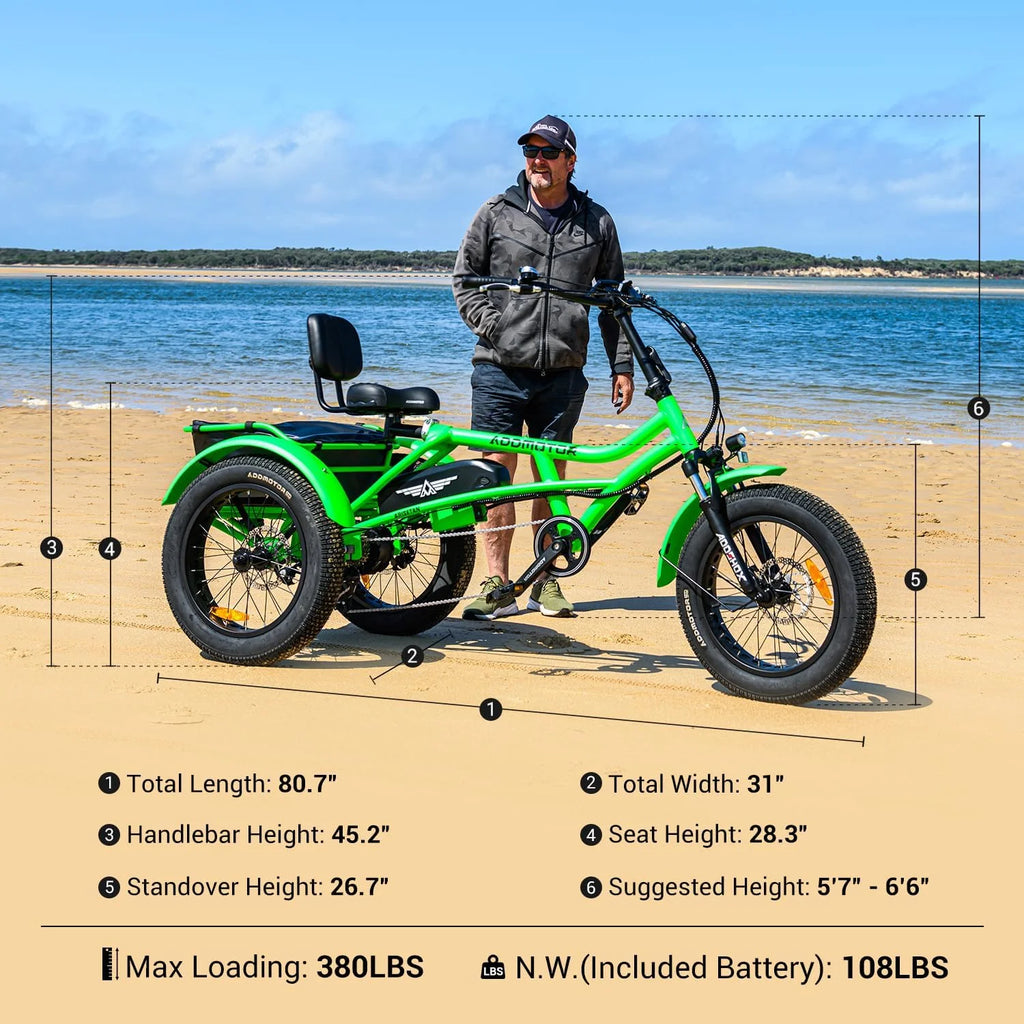 Tricycle électrique semi-allongé Addmotor M-360II, 85 mi, vélo électrique à 3 roues avec pneus larges pour adultes, tricycle électrique 750 W 48 V 20 Ah pour seniors, 20 pouces, avec différentiel de vitesse, vert