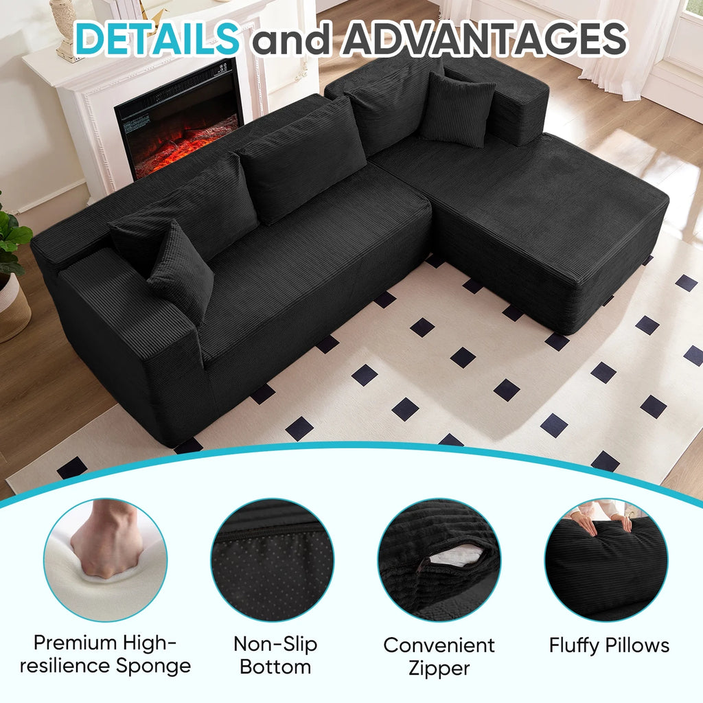 Canapé d’angle ZAFLY 106 Cloud avec méridienne, sans assemblage, canapé-lit en L, canapé modulable surdimensionné à assise profonde pour salon – droite, noir