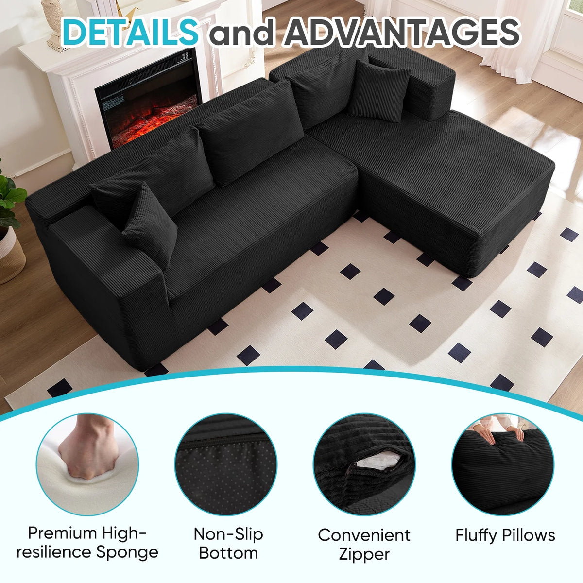 Canapé d’angle ZAFLY 106 Cloud avec méridienne, sans assemblage, canapé-lit en L, canapé modulable surdimensionné à assise profonde pour salon – droite, noir