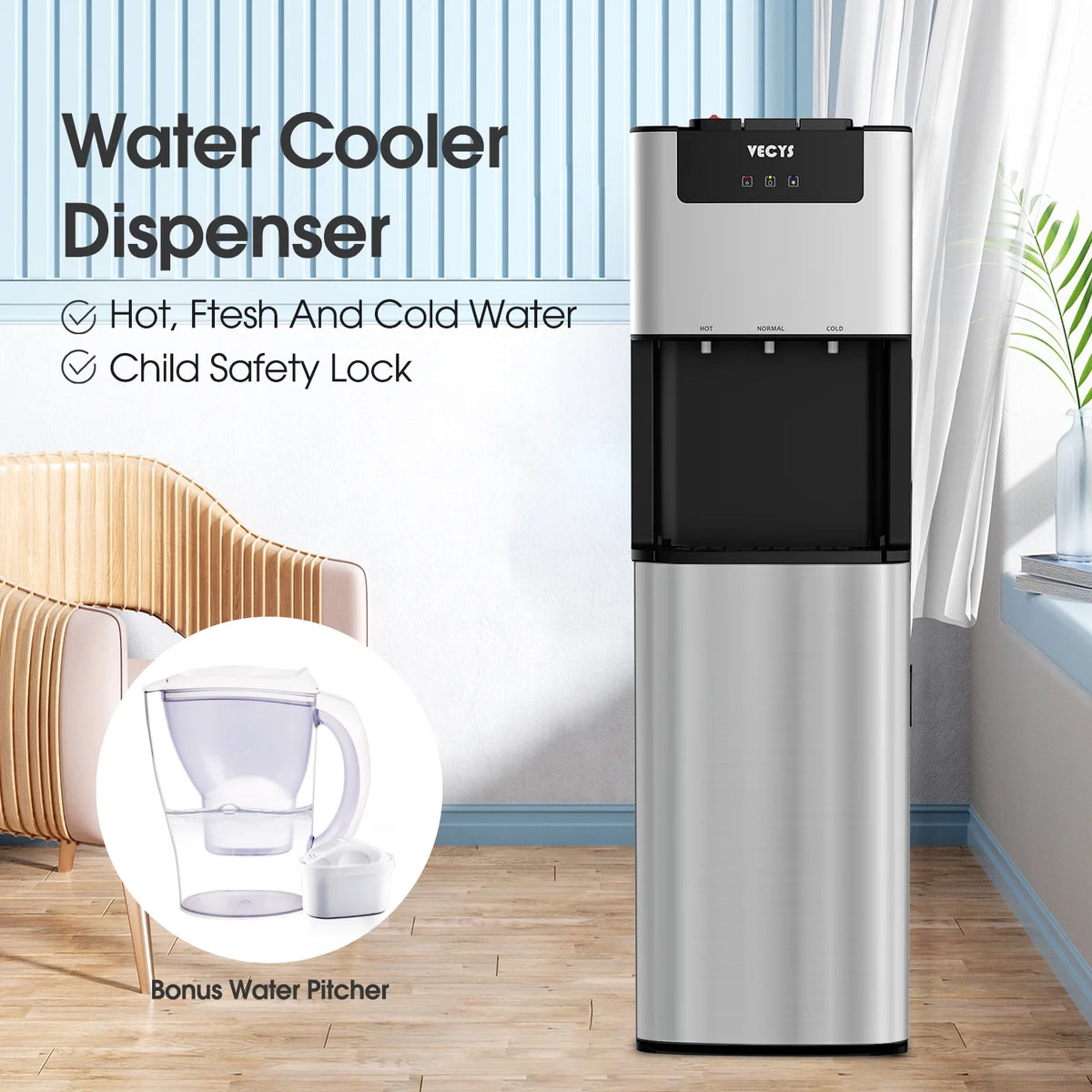 Distributeur d'eau VECYS à chargement par le bas, 3 x 5 gal, autonettoyant, avec verrouillage de sécurité enfant