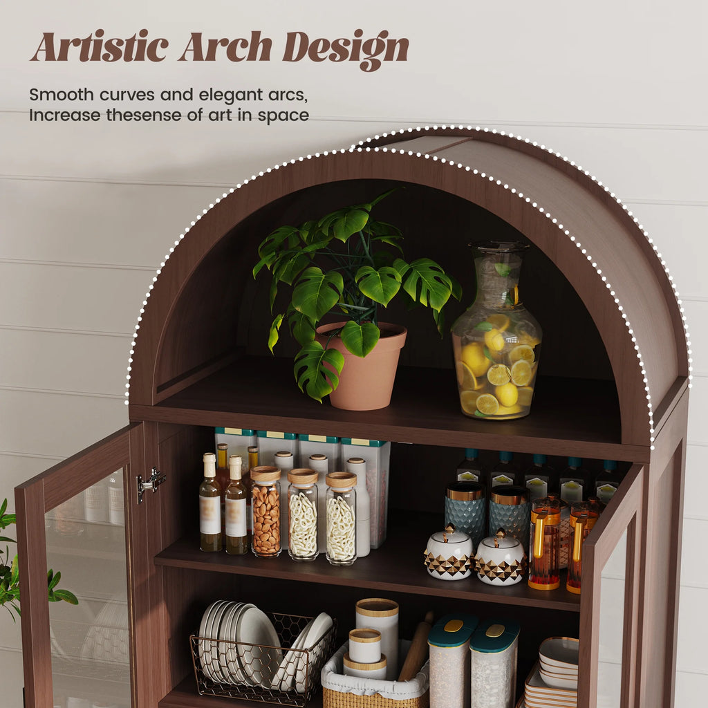 VEANERWOOD 71 Armoire haute cintrée, meuble de rangement de cuisine en bois cannelé avec 4 portes et 6 étagères pour salle à manger et salon