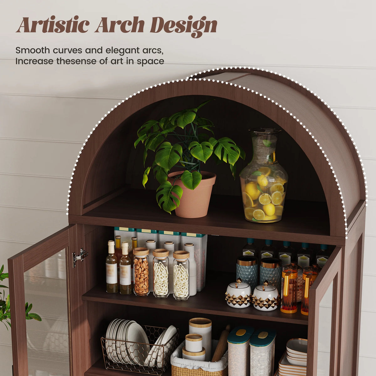 VEANERWOOD 71 Armoire haute cintrée, meuble de rangement de cuisine en bois cannelé avec 4 portes et 6 étagères pour salle à manger et salon