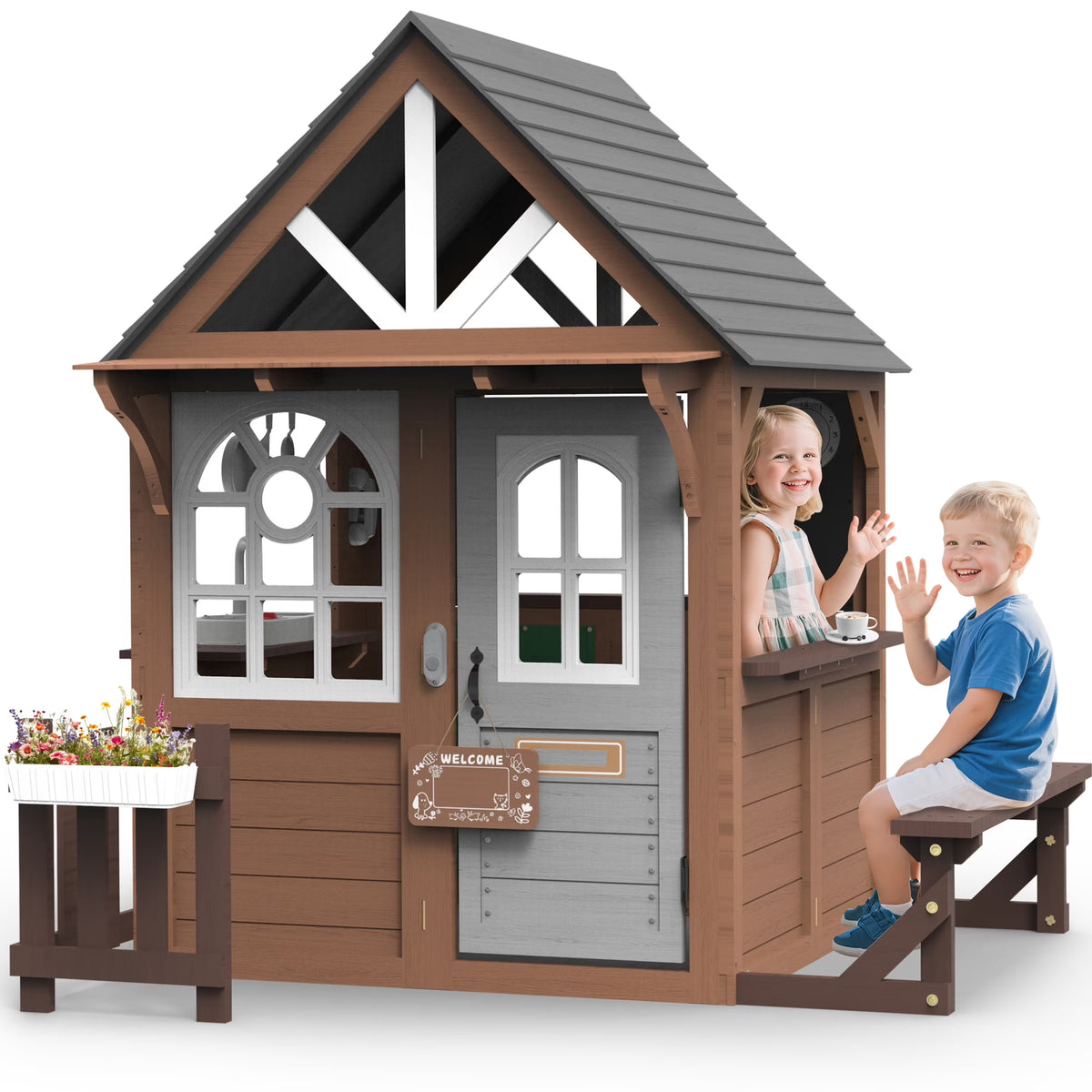COCLUB Maison de jeu d’extérieur, Maison de jeu en bois pour enfants et tout-petits, Grande maison de jeu avec banc/Clôture/Cuisine/Plaque nominative/Téléphone factice, Jouet d’extérieur cadeau pour filles et garçons à partir de 3 ans, (62,99 l × 67,32 L)