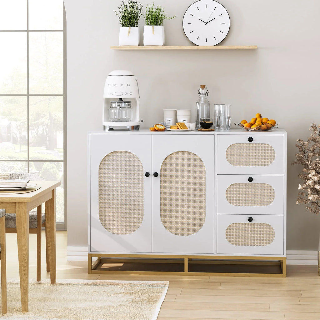Meuble de rangement d'appoint Homfa à 3 tiroirs, buffet doré de 34,2 H avec portes en rotin pour salon, blanc