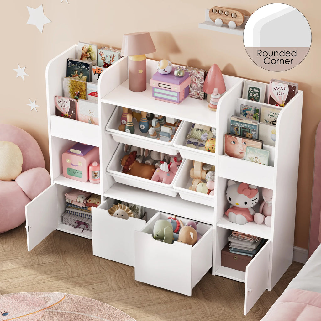 Hiphuta Bibliothèque et Meuble de Rangement pour Jouets pour Enfants, Organisateur en Bois avec 4 Paniers et 2 Tiroirs Amovibles pour la Maison et la Chambre, Étagère à Livres pour Enfants avec Bac à Jouets et Support à Livres, Blanc
