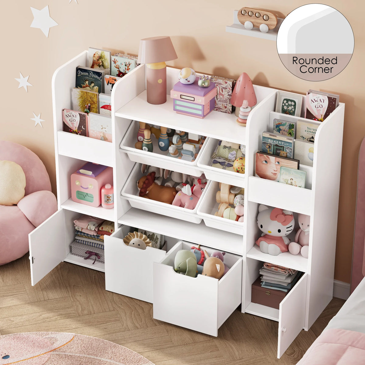 Hiphuta Bibliothèque et Meuble de Rangement pour Jouets pour Enfants, Organisateur en Bois avec 4 Paniers et 2 Tiroirs Amovibles pour la Maison et la Chambre, Étagère à Livres pour Enfants avec Bac à Jouets et Support à Livres, Blanc