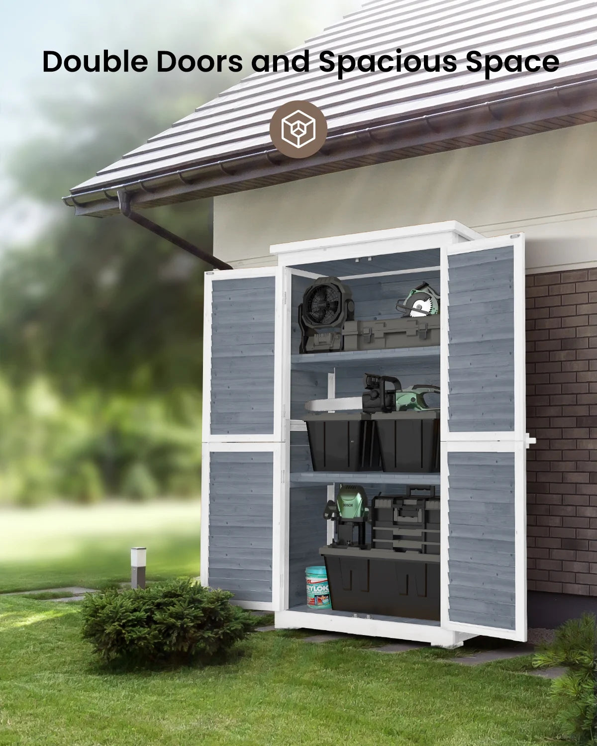Abri de rangement extérieur large Aiho 55 avec portes doubles verrouillables - Abri de jardin résistant aux intempéries pour terrasse, jardin et pelouse, gris