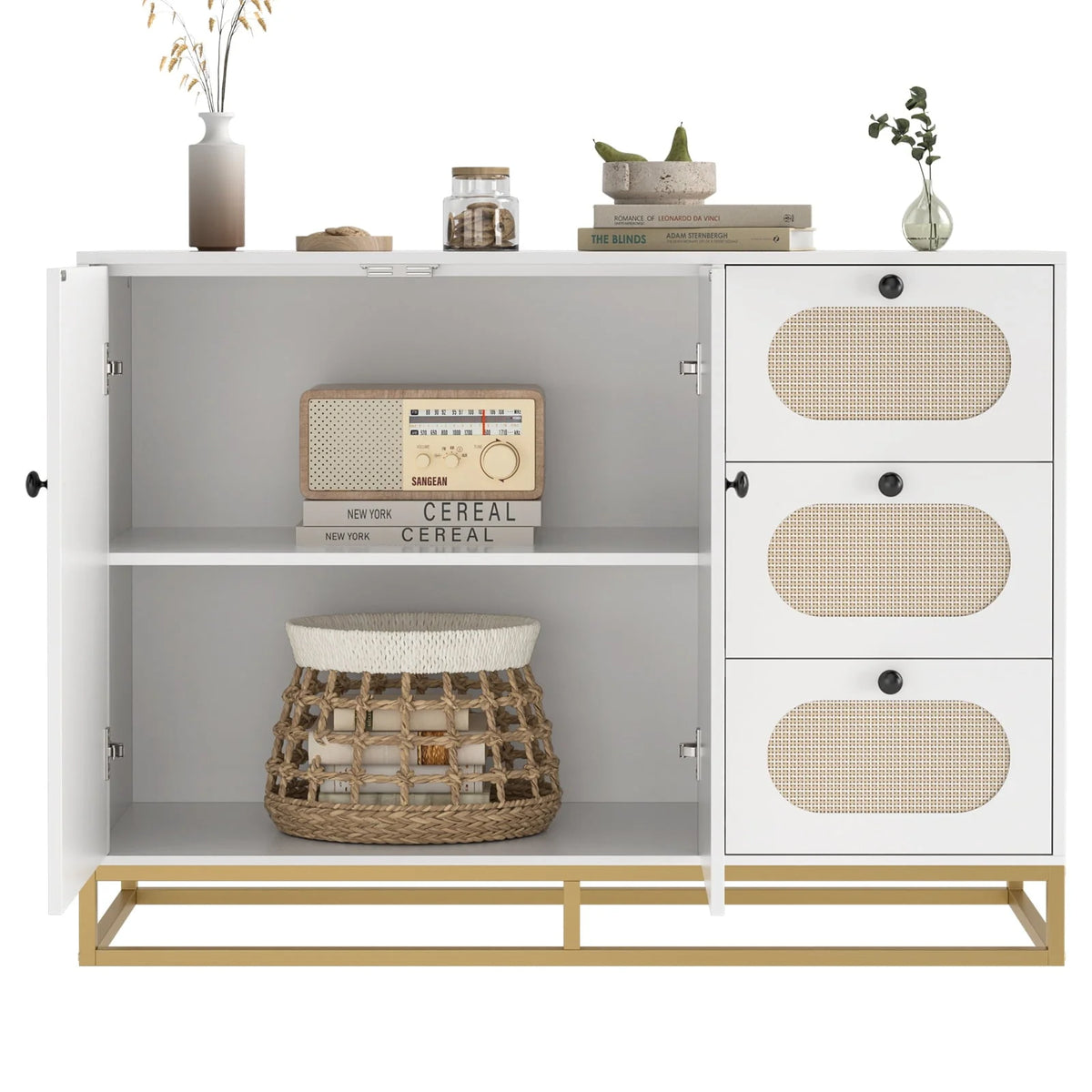 Meuble de rangement d'appoint Homfa à 3 tiroirs, buffet doré de 34,2 H avec portes en rotin pour salon, blanc