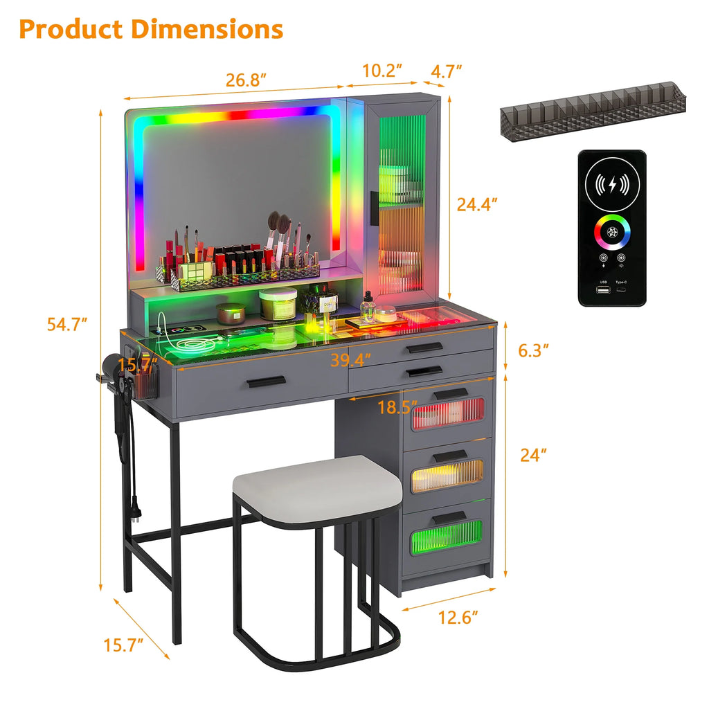Coiffeuse HNEBC avec miroir et éclairage RGB, coiffeuse de maquillage avec plateau en verre, éclairage à détecteur automatique et charge sans fil, ensemble de coiffeuse avec tabouret rembourré, coiffeuse avec 6 tiroirs (blanc)