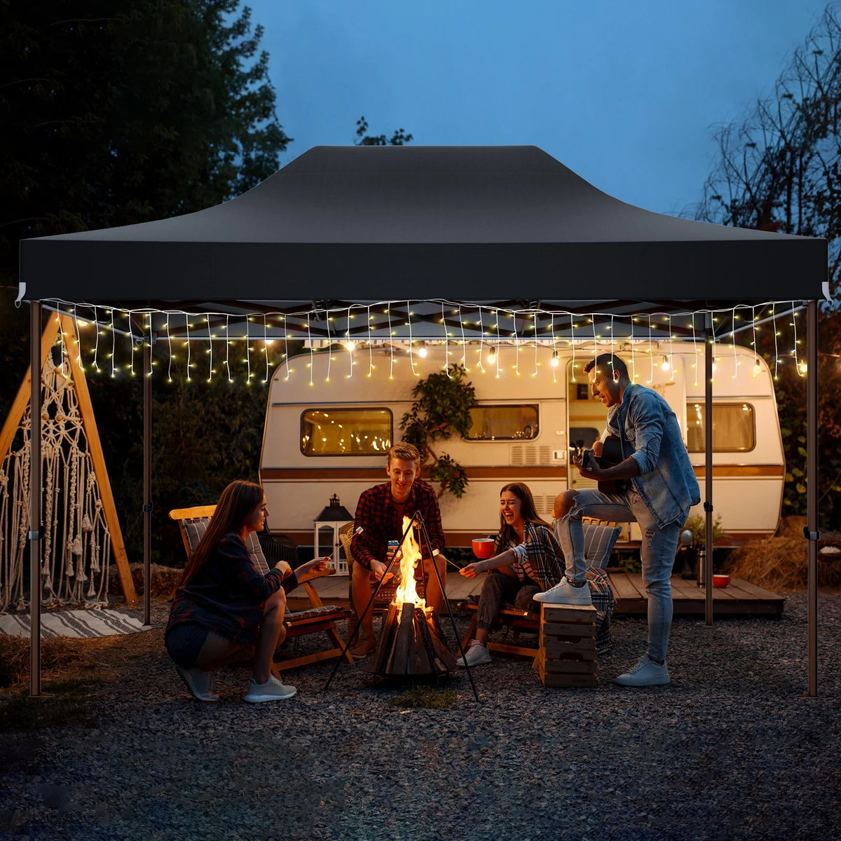 COBIZI Tonnelle escamotable 3x4,5m robuste avec parois latérales, tonnelle escamotable commerciale facile pour fêtes, mariages, toutes saisons, étanche UV 50+ avec sac à roulettes (pieds améliorés), noir