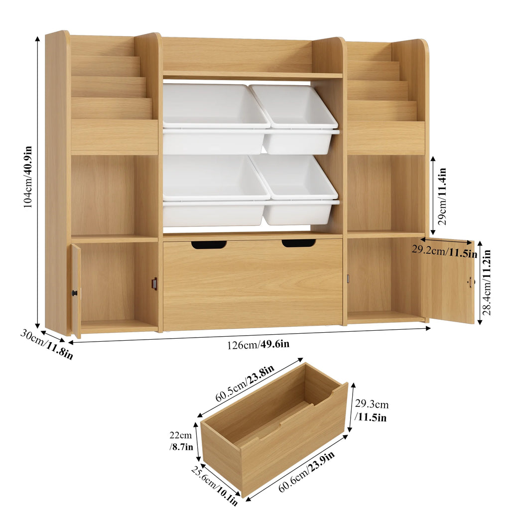 Hiphuta Bibliothèque et Meuble de Rangement pour Jouets pour Enfants, Organisateur en Bois avec 4 Paniers et 2 Tiroirs Amovibles pour la Maison et la Chambre, Étagère à Livres pour Enfants avec Bac à Jouets et Support à Livres, Blanc