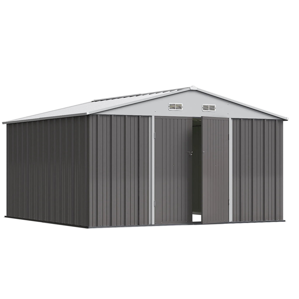 Abri de rangement en métal Devoko 10 x 8 pi, abri de jardin verrouillable en acier pour patio, cour arrière et outils de plein air, marron