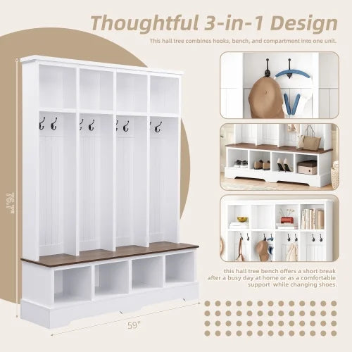 Vestiaire d’entrée style maison de campagne avec banc, meuble d’entrée de 150 cm de large avec 8 crochets et compartiments de rangement, porte-manteau moderne et banc à chaussures pour entrée, blanc