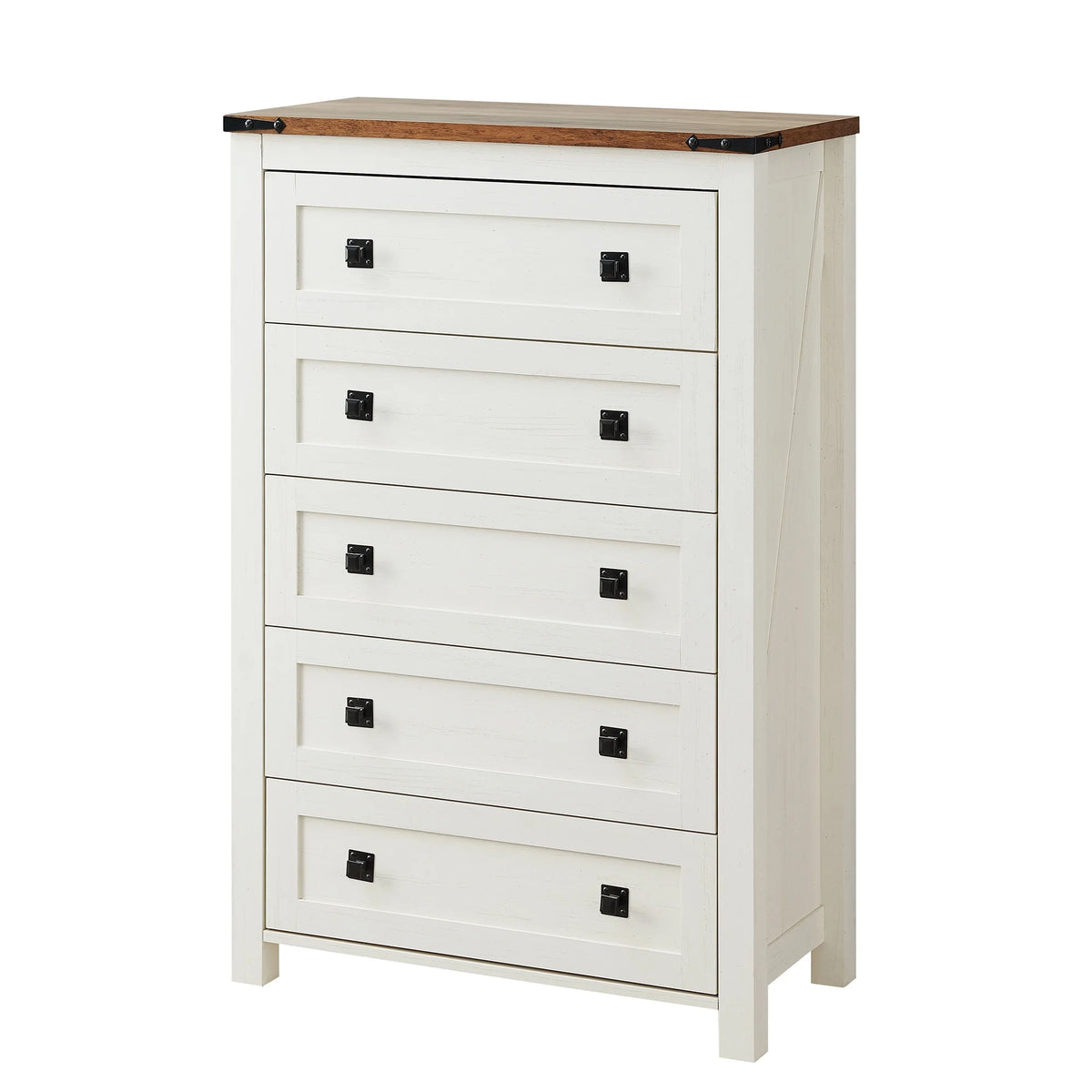 Commode Keywhat Farmhouse à 5 tiroirs pour chambre, meuble de rangement en bois pour salon, blanc antique