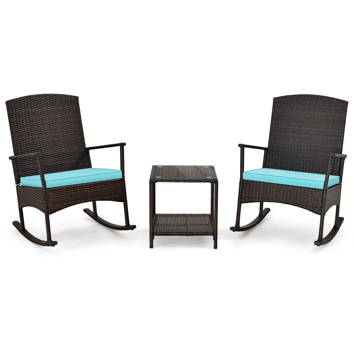 Costway Serenity Ensemble de patio 3 pièces avec fauteuils à bascule en résine tressée, coussins blancs et table basse à 2 niveaux