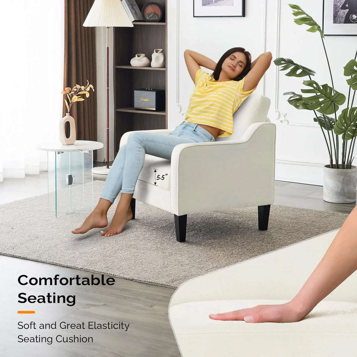 Fauteuil confortable en chenille VINGLI Mid-Century Modern, Blanc crème