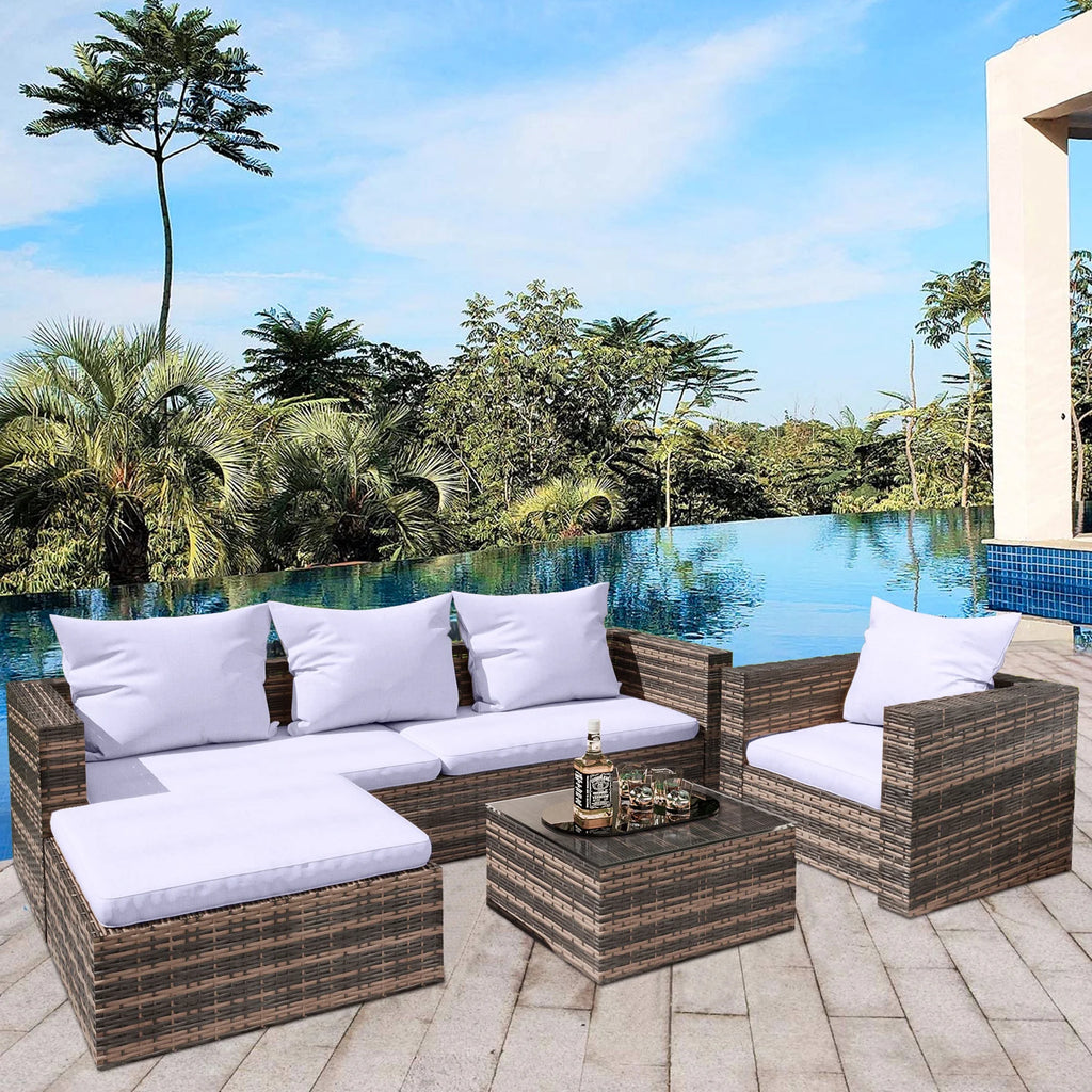 Ensemble de canapés de jardin en rotin, 4 pièces, salon d’angle d’extérieur en résine tressée PE résistante aux intempéries, ensemble de conversation avec coussins et table en verre pour terrasse, jardin, bord de piscine ou deck