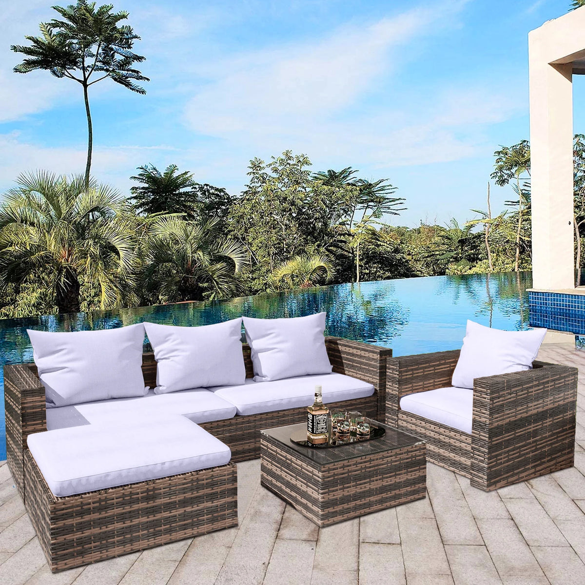 Ensemble de canapés de jardin en rotin, 4 pièces, salon d’angle d’extérieur en résine tressée PE résistante aux intempéries, ensemble de conversation avec coussins et table en verre pour terrasse, jardin, bord de piscine ou deck