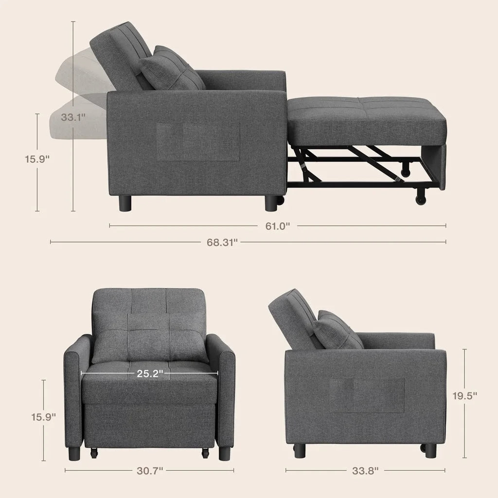 Fauteuil convertible avec couchage, canapé-lit convertible 3-en-1 Aiho avec fauteuil inclinable et couchage gigogne - Gris foncé