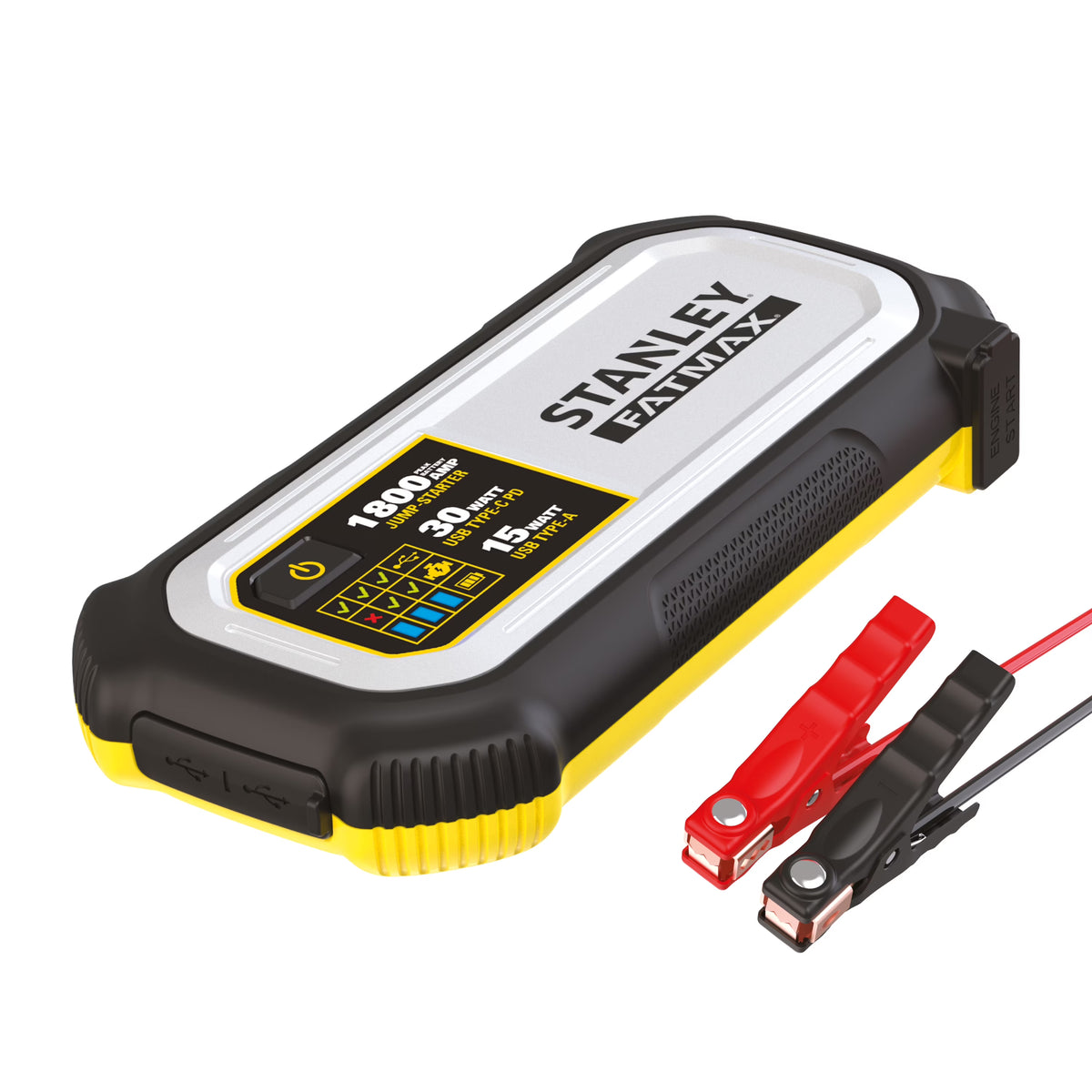 Booster de batterie au lithium Stanley FatMax 1800A avec entrée/sortie USB-C PD 30W et sortie USB-A 15W, pinces incluses