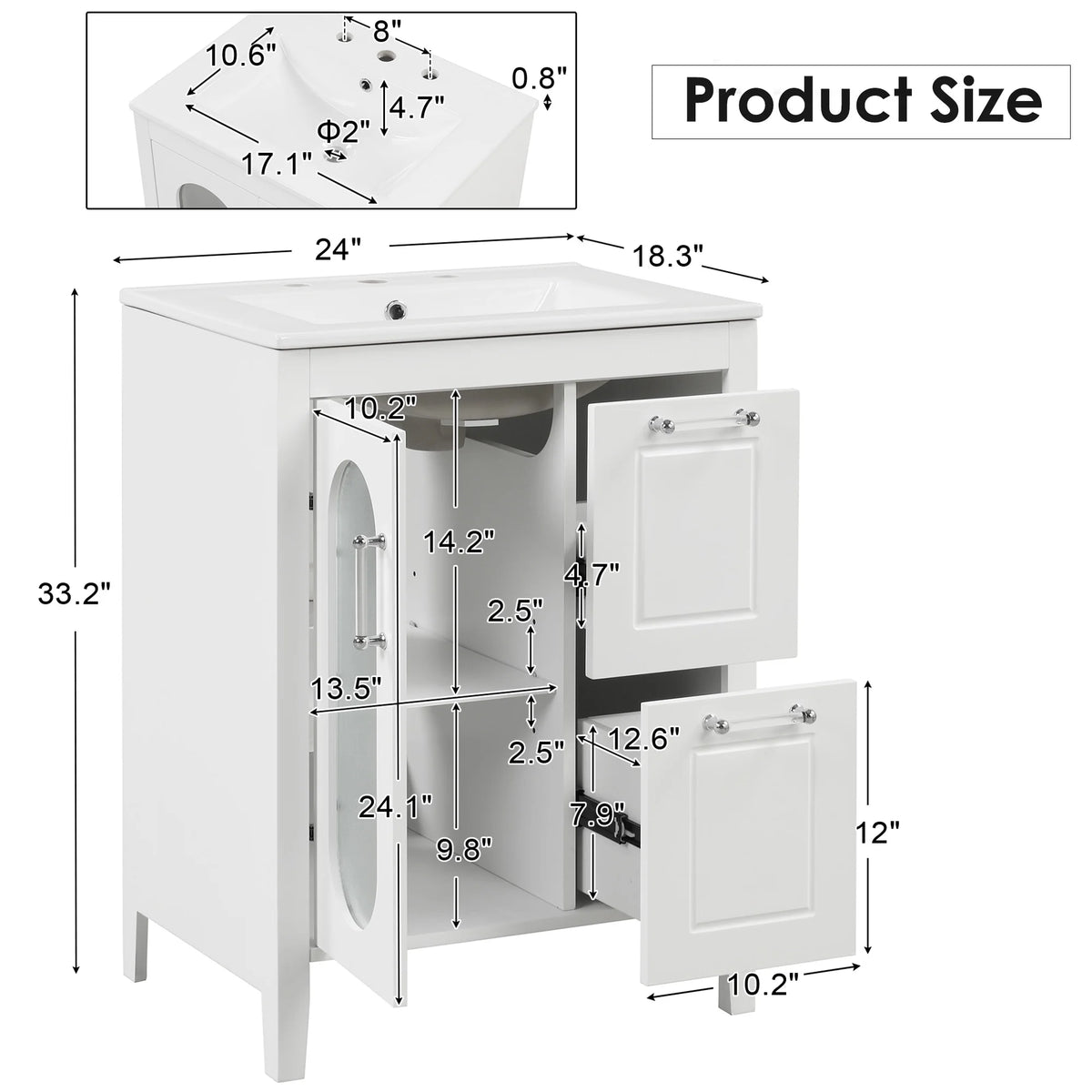 Meuble-lavabo Soges 24 avec vasque en céramique, meuble de toilette en bois massif avec porte, étagère réglable et 2 tiroirs, ensemble lavabo simple autoportant pour petite salle de bains, blanc