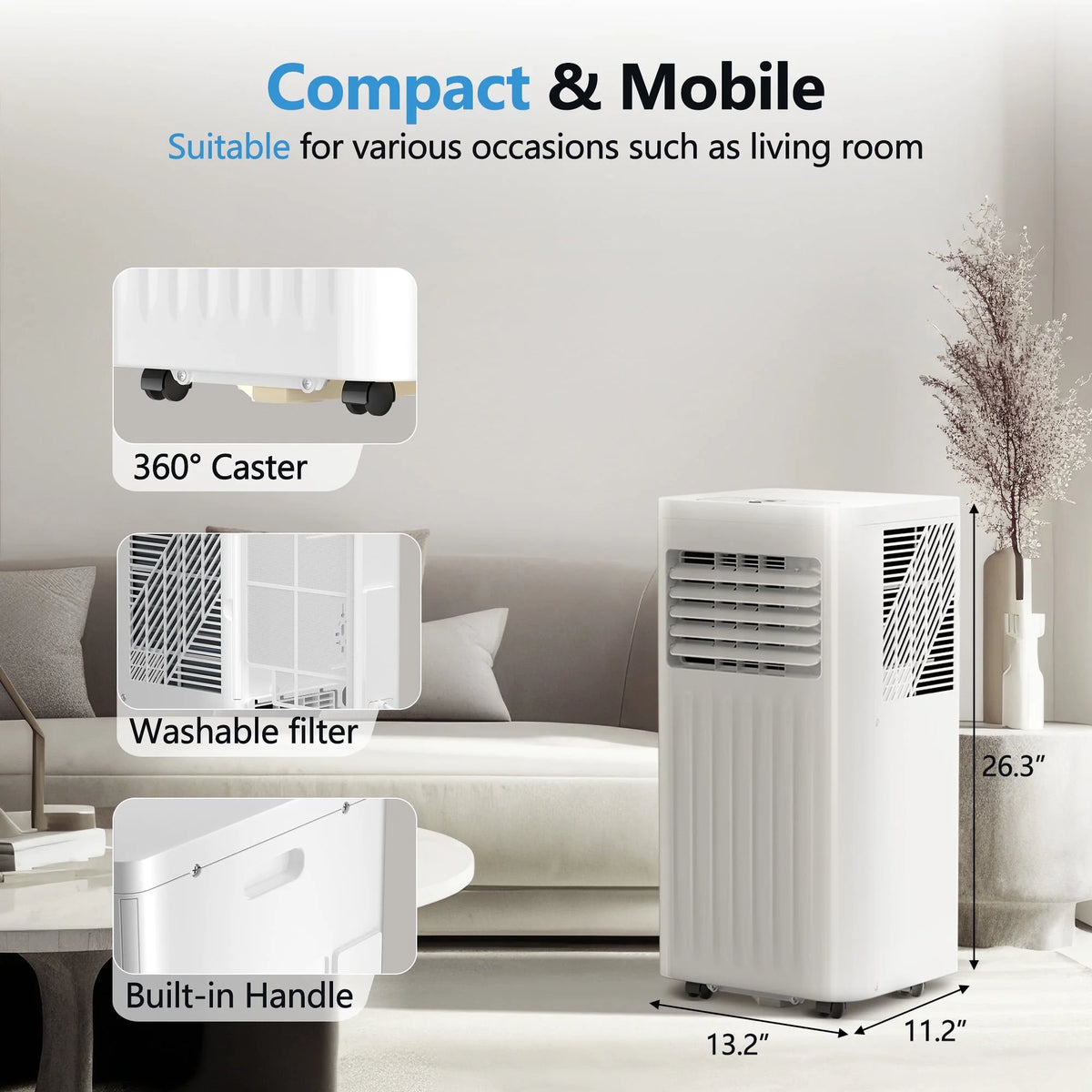 Climatiseur portable Auseo 8 000 BTU ASHRAE, pour des espaces allant jusqu’à 32,5 m², 3-en-1 avec déshumidificateur, ventilateur et mode sommeil, télécommande et minuterie 24 heures