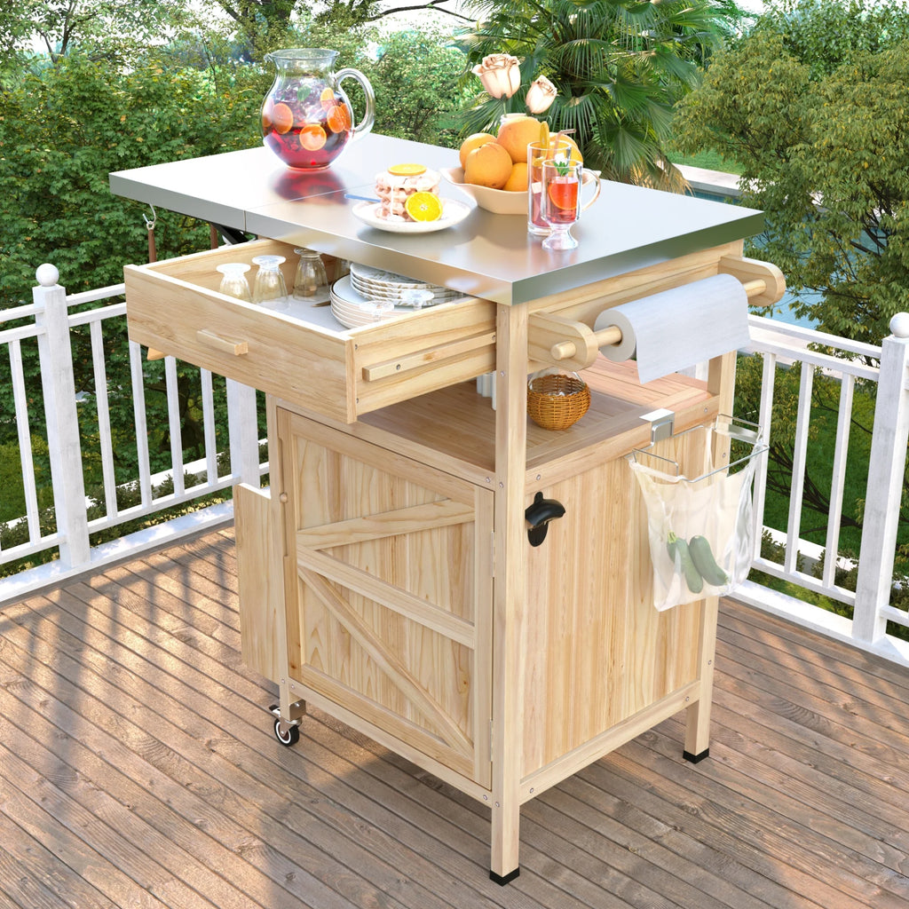 Îlot de cuisine d'extérieur en bois massif avec abattant, table pour barbecue avec plateau en acier inoxydable, chariot de bar d'extérieur et meuble de rangement avec roulettes verrouillables, tiroir, porte-épices, gris-bleu