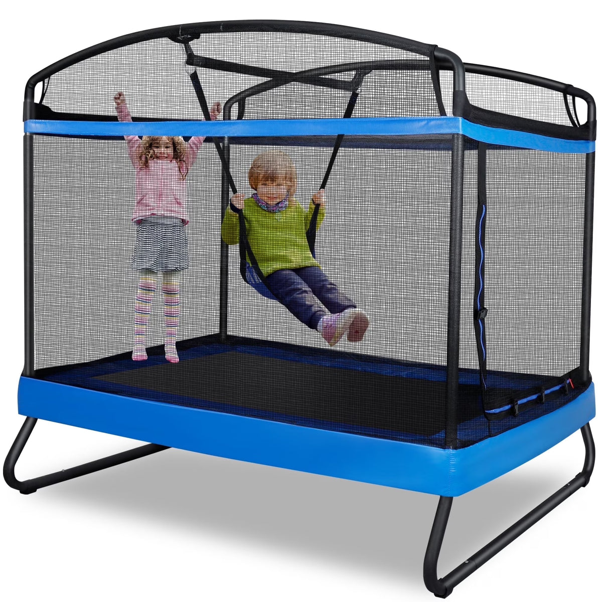 GIKPAL Trampoline pour enfants 3-en-1 avec balançoire, trampoline rectangulaire de 6 pieds pour tout-petits, intérieur/extérieur pour les 3 à 8 ans, tapis de saut robuste pour jouer dans le jardin, bleu