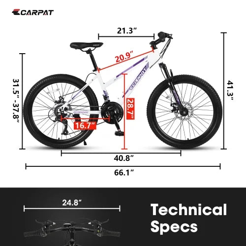 POWANLI 26 Vélo tout-terrain pour femme, Vélo de montagne 21 vitesses avec freins à disque doubles et suspension avant de 100 mm, Rose (Cadeau)