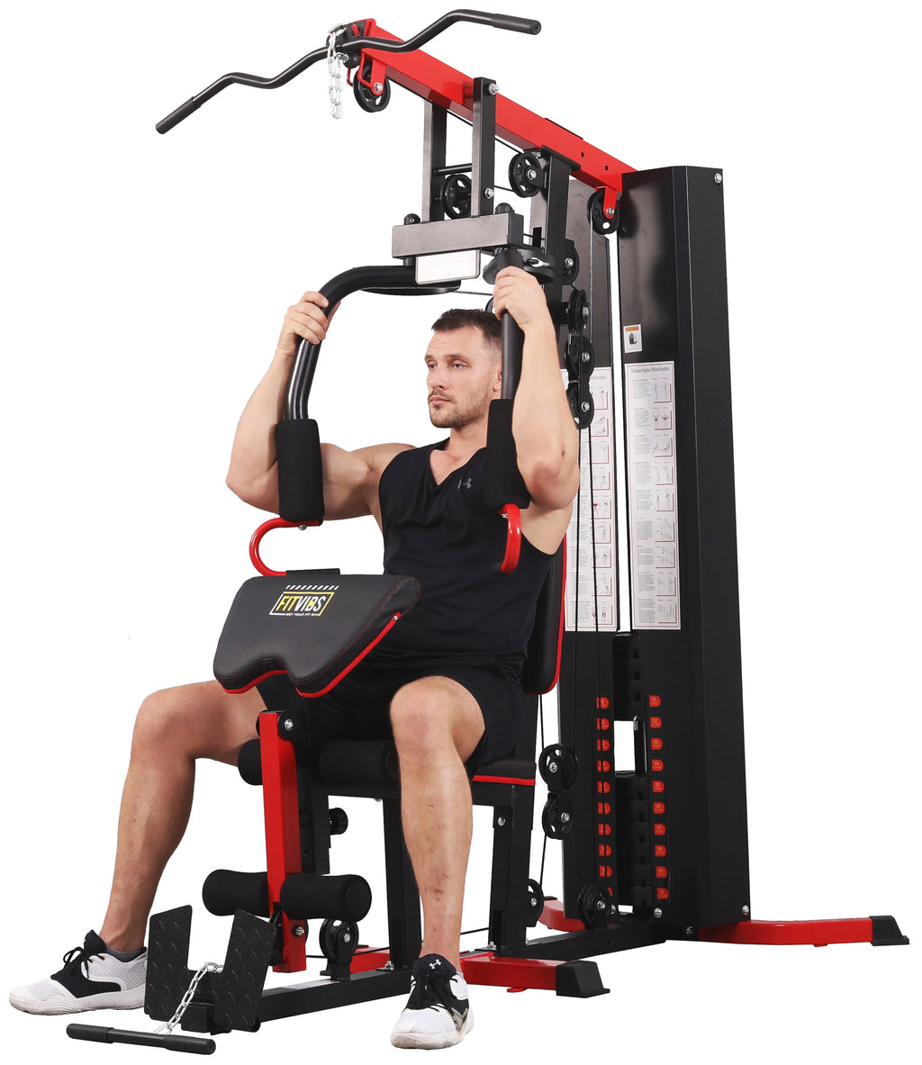 Système de musculation à domicile Fitvids LX750 avec 150 kg de résistance, colonne de poids de 55 kg, une station, livré avec une vidéo d’instructions d’installation, expédié en 5 colis