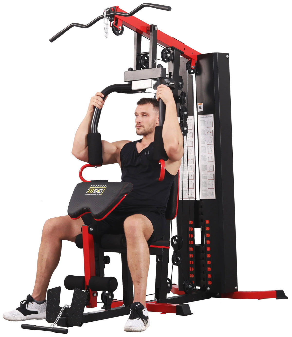 Système de musculation à domicile Fitvids LX750 avec 150 kg de résistance, colonne de poids de 55 kg, une station, livré avec une vidéo d’instructions d’installation, expédié en 5 colis