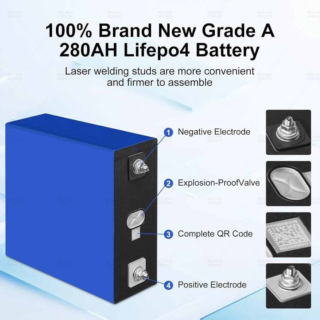 Lot de 4 batteries LiFePO4 de qualité A, 280 Ah, 3,2 V, rechargeables, à décharge profonde, avec écrous et barres omnibus, 8 000 à 10 000 cycles de vie, batteries de remplacement pour systèmes solaires, voitures et camping-cars