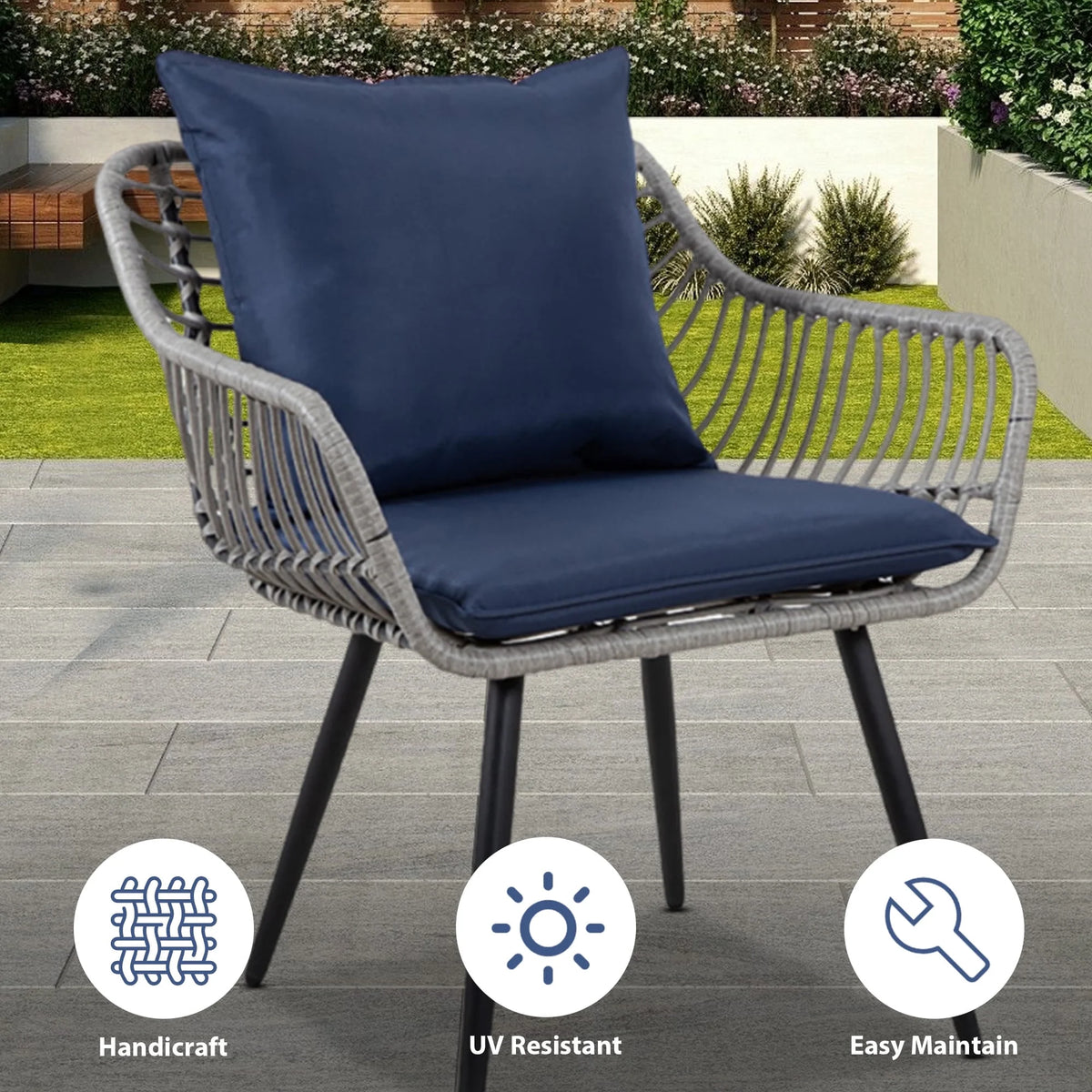 Salon de jardin Ainfox 7 pièces en promotion, canapé en rotin gris avec coussins gris