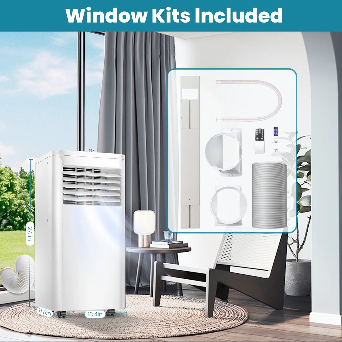 Climatiseur portable Auseo, 8 000 BTU ASHRAE, climatiseur silencieux 4-en-1 avec déshumidificateur, ventilateur, mode sommeil et filtre lavable pour des pièces allant jusqu’à 350 pi²