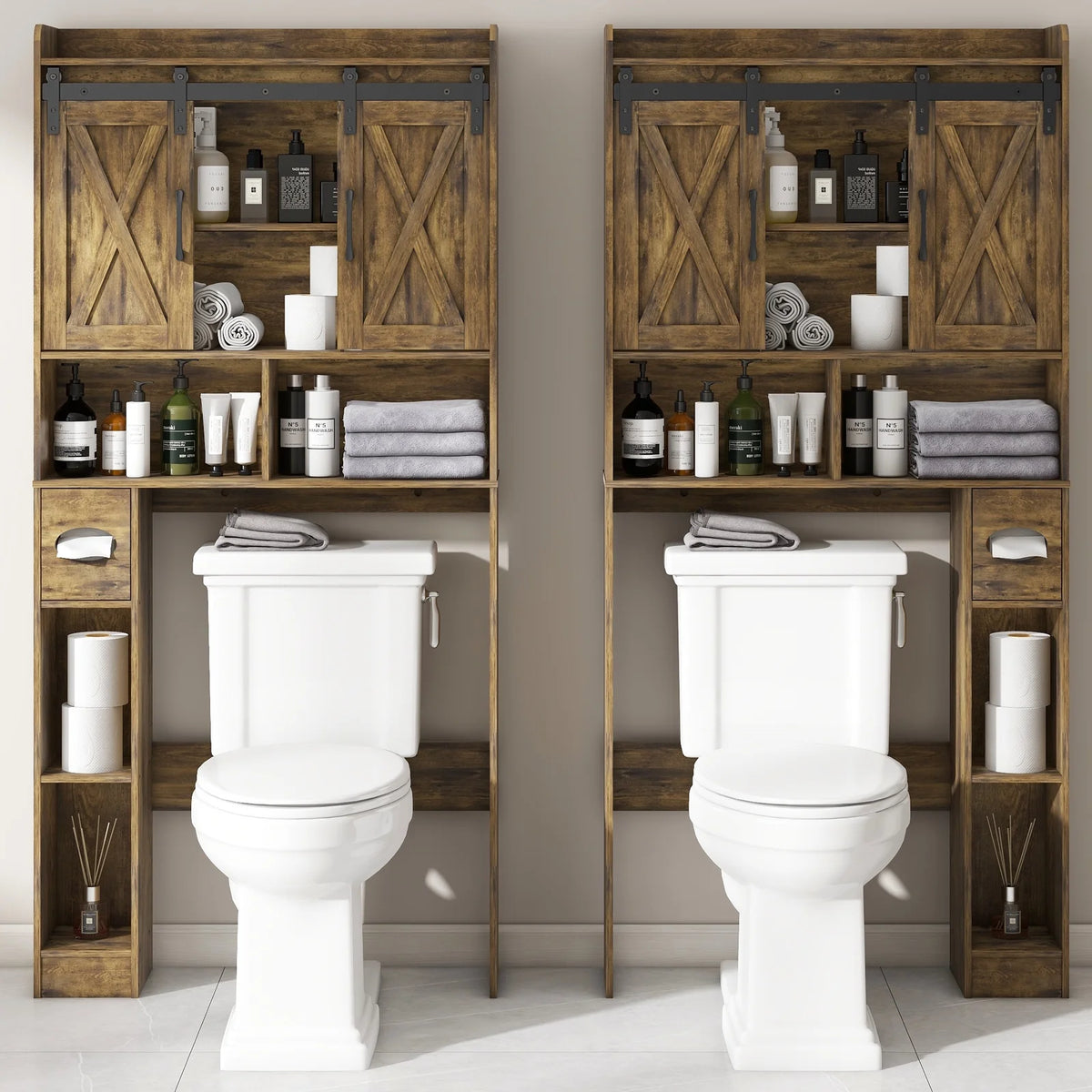 Meuble de rangement au-dessus des toilettes, meuble de rangement de style maisonnette au-dessus des toilettes avec portes coulissantesÉtagère de rangement gain de place pour toilettes, pour salle de bains, toilettes, buanderie