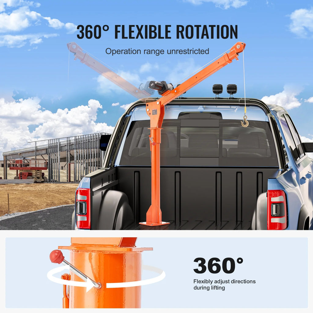 Grue électrique pour pick-up VEVOR, 1 100 lb, grue de benne pliable montée sur camion avec treuil électrique de 3 500 lb, palan à flèche en acier pour pick-up avec pivot à 360° pour le levage de marchandises dans la construction et l'usine