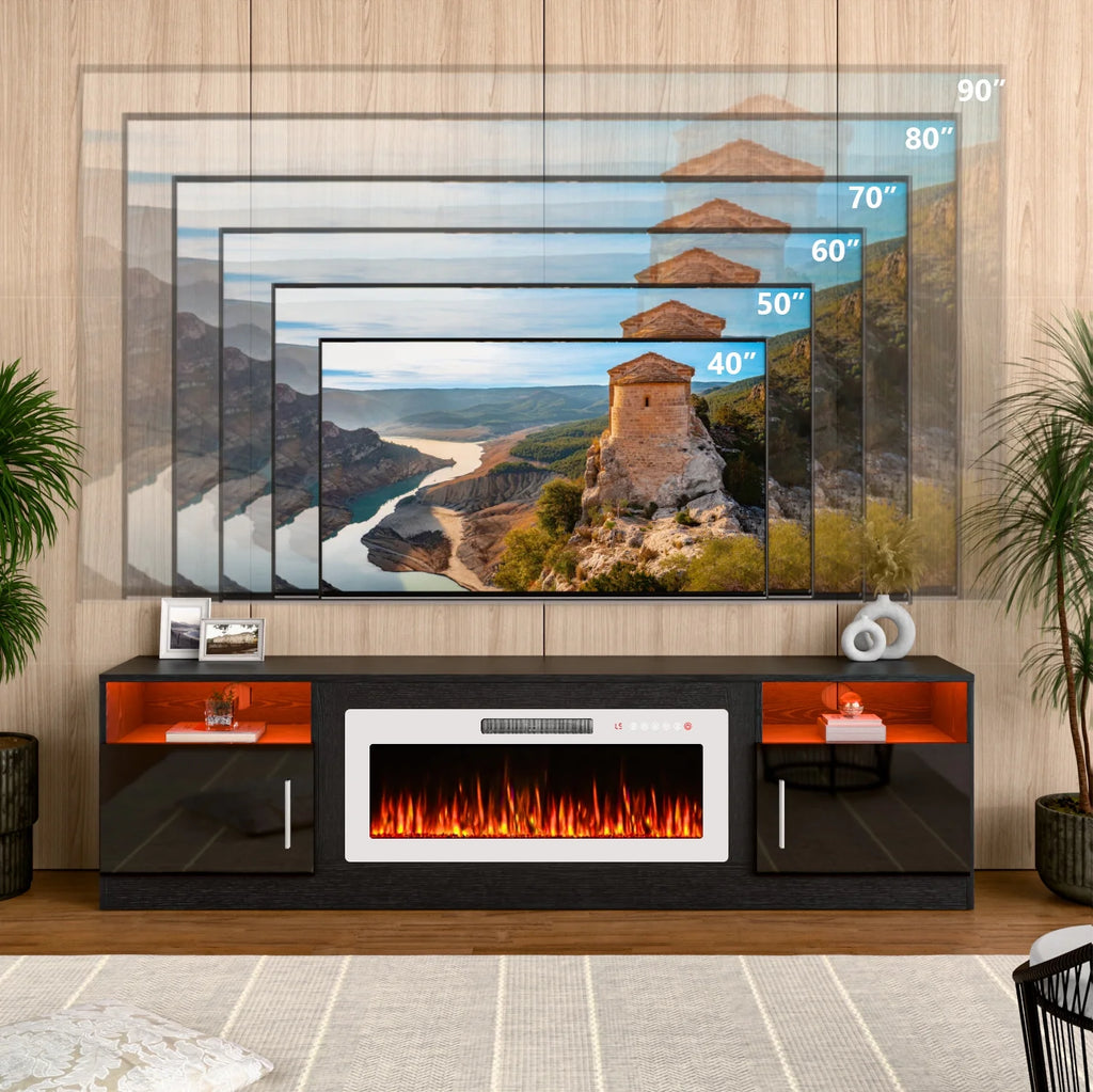 Meuble TV avec cheminée Waleaf avec cheminée électrique de 36 pouces pour téléviseurs jusqu’à 80 pouces, console multimédia moderne en bois avec meuble éclairé, blanc