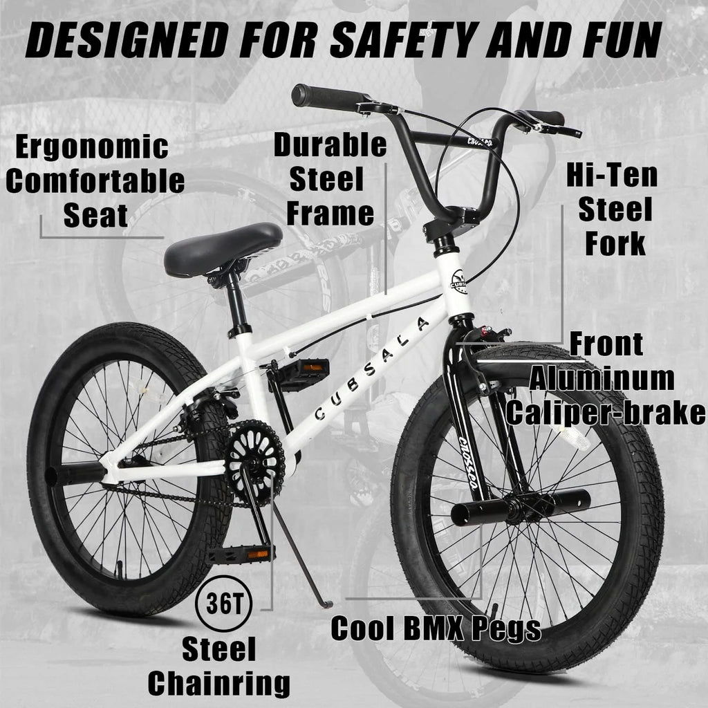 cubsala 20 Vélo BMX Freestyle pour enfants de 6 à 14 ans, garçons et filles, avec 4 cales, noir avec pneus rouges