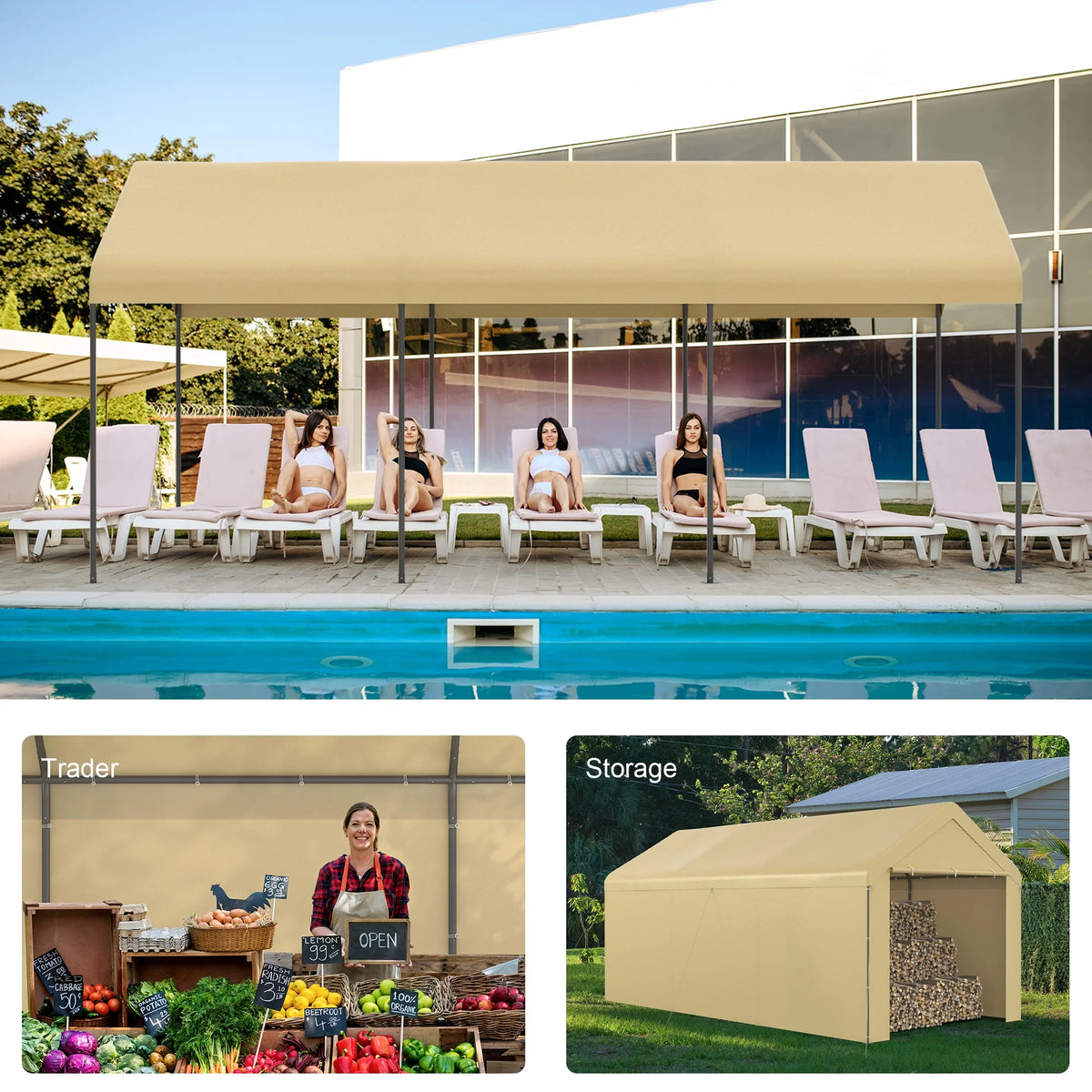 GOJOOASIS Carport, 10 x 20 Abri de voiture robuste avec paroi amovible, Garage portable en PE résistant à l'eau avec bâche toutes saisons Beige