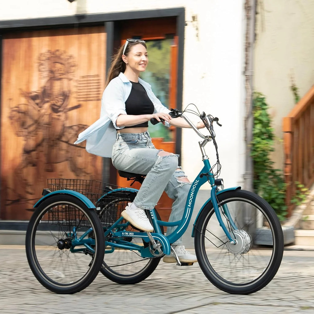 Tricycles électriques ABORON 24 26, batterie au lithium 36 V 10 Ah 350 W, triporteur électrique 7 vitesses pour adultes avec grand panier arrière et siège réglable