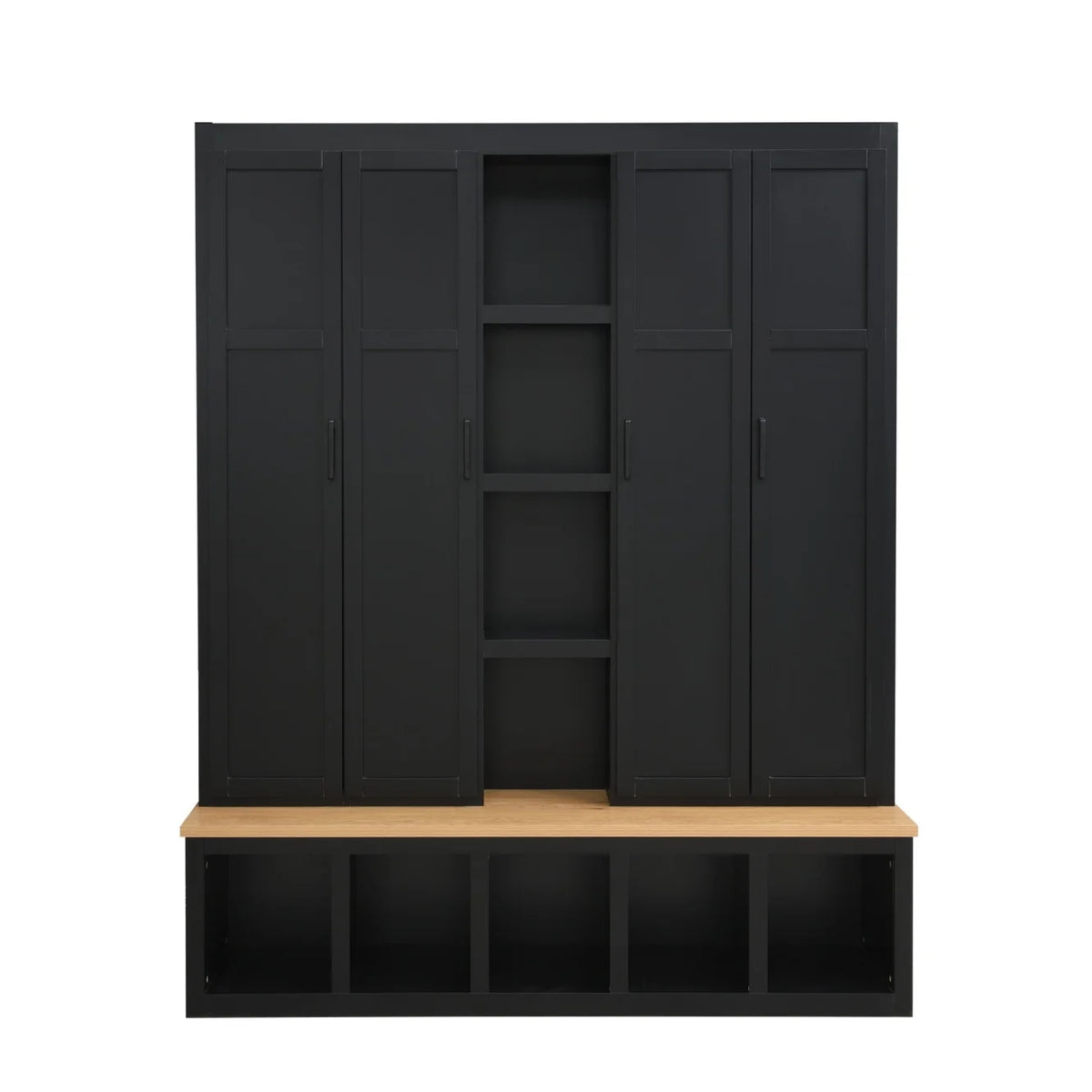 Vestiaire d’entrée style maison de campagne avec banc et rangement pour chaussures, 4-en-1, avec 4 placards, 5 casiers à chaussures et 6 crochets, noir